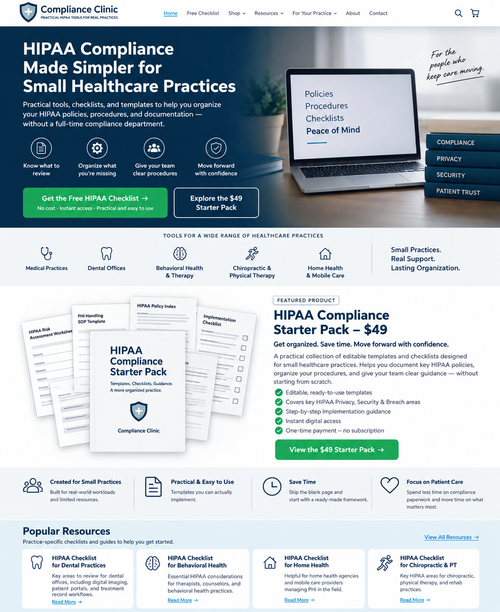 Visual preview of the HIPAA Compliance Starter Pack resources and Compliance Clinic practice tools